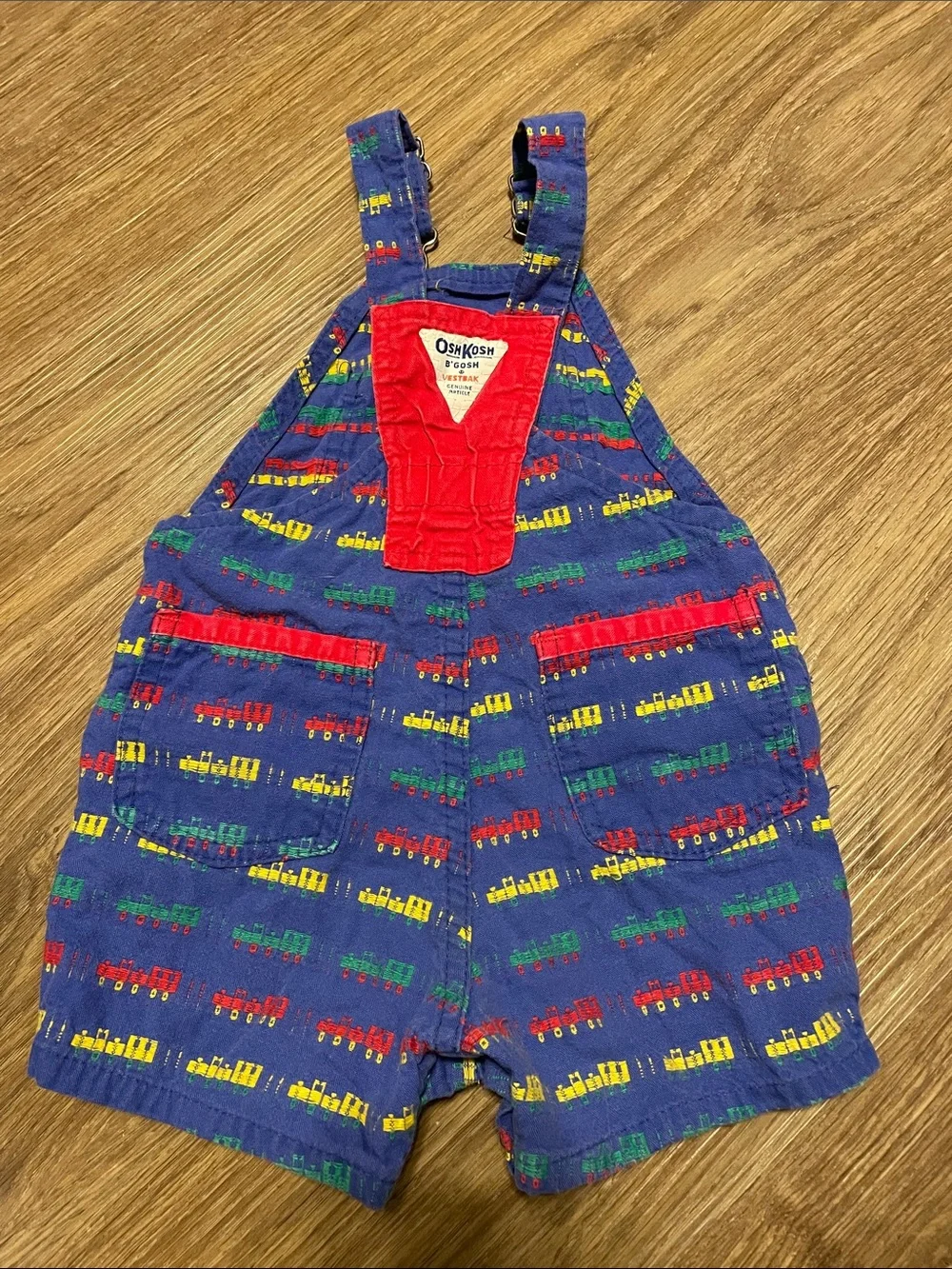 Vintage OshKosh B'gosh Blue Train Print Toddler Short Overalls- made in USA